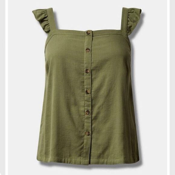 Torrid Olive Green Floral Double Gauze Ruffle Button Front Tank Top Sz 2X - Picture 3 of 10